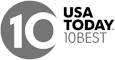 Logo for "USA TODAY 10BEST" featuring a stylized "10" within a circle next to the text.