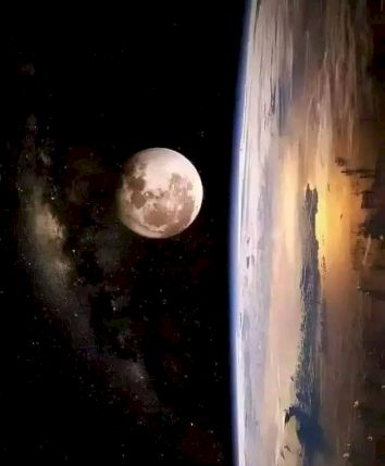 A view of Earth from space with the moon visible and a colorful horizon.